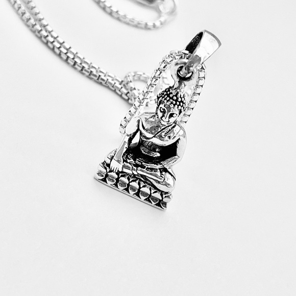 Sterling Silver Buddha Necklace, Silver Chain, Religious Yoga Jewelry, OM Chains - Picture 4 of 12